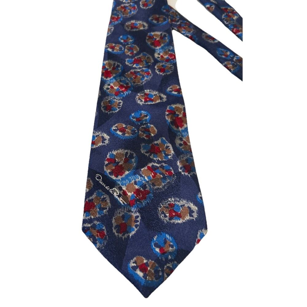 Oscar De La Renta Men’s Necktie Blue 3.75” Silk Blend Geometric Logo Vtg Tie